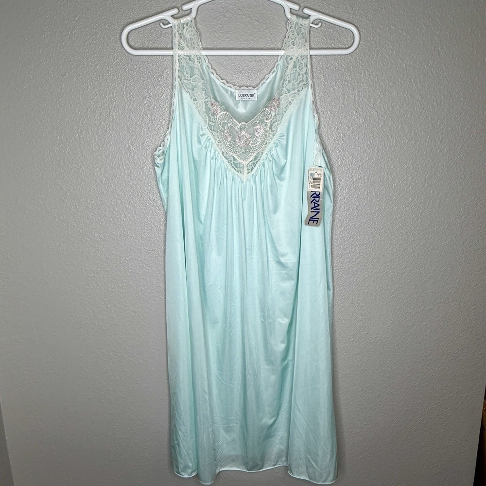 VTG Lorraine Aqua Lace Trim Nightgown Nylon Slip Dress 1X USA Coquette Pastel
